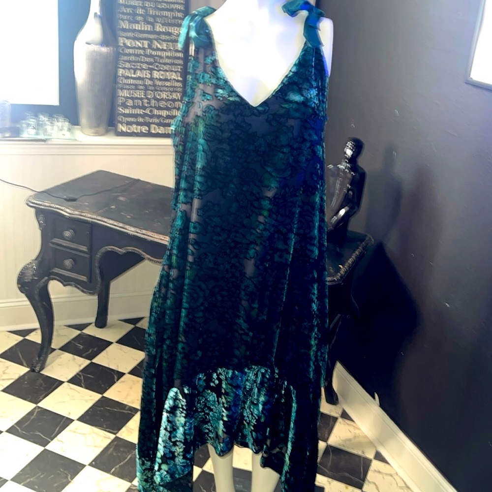High-Low Velvet Slip Dress in Teal Blue